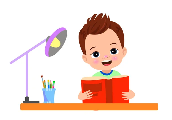 Boy Reading Book Desk — Stock Vector