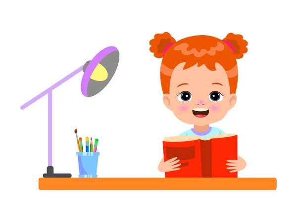 Bir Çocuk Masanın Üstünde Kitap Okuyor — Stok Vektör