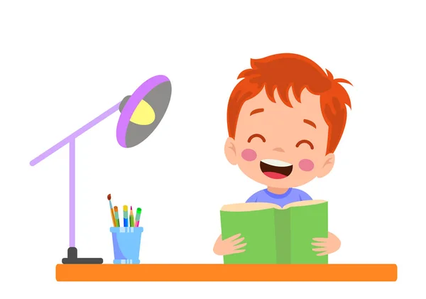 Ein Junge Liest Ein Buch Auf Einem Schreibtisch — Stockvektor
