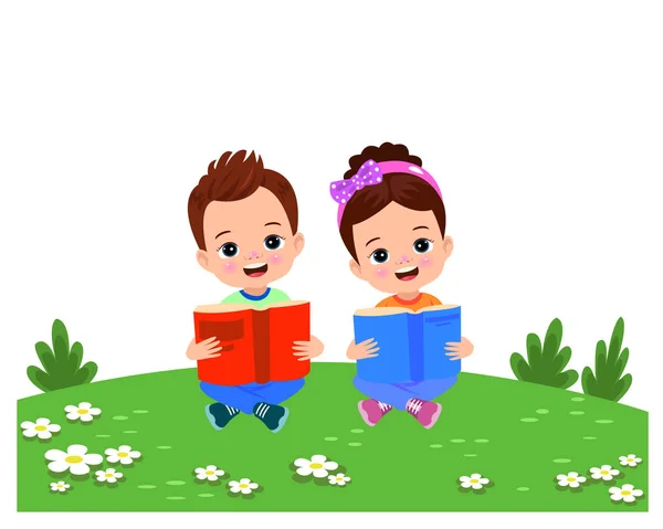 Хлопчик Дівчинка Читають Книги Траві — стоковий вектор