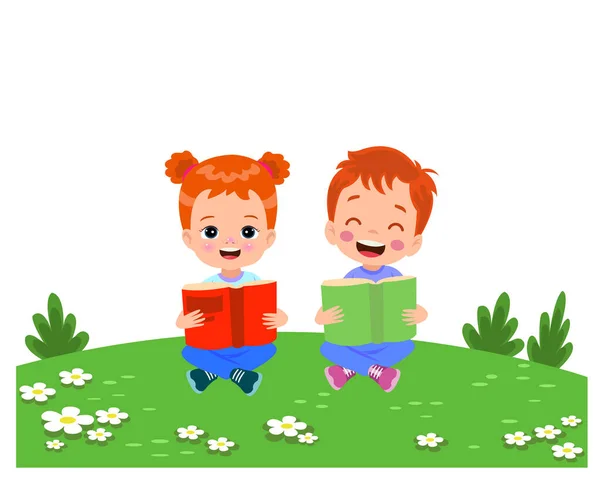少年少女読書本を草の上に — ストックベクタ