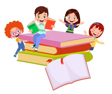 Ortasında beyaz bir kağıt olan bir yığın kitabın üzerindeki çocuklar.