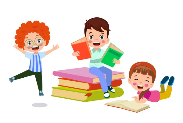 Bambini Che Leggono Libri Sfondo Bianco — Vettoriale Stock
