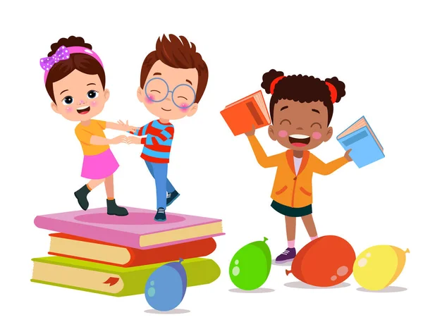 Crianças Brincando Uma Pilha Livros —  Vetores de Stock