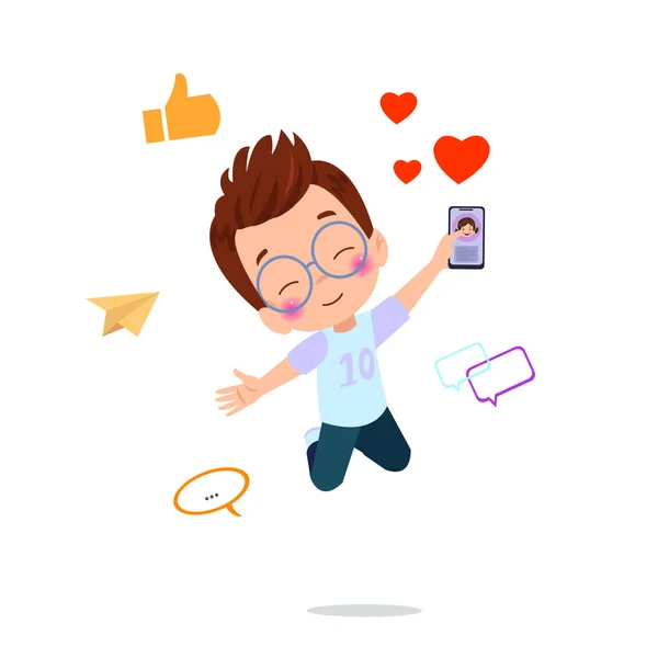 Ein Junge Mit Einem Telefon Und Einem Social Media Symbol — Stockvektor