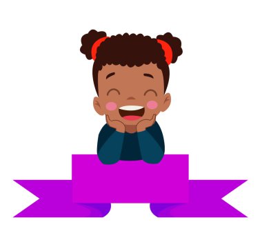 Beyaz arka planda afişi olan çizgi film çocuğu.