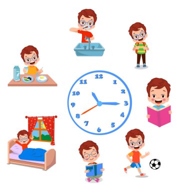Günlük rutin bir çocuk için bir simge seti.
