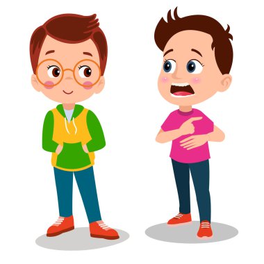 Farklı duyguları olan tatlı çizgi film çocuğu ve kız. Vektör çizimi.