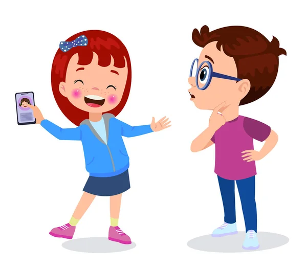 stock vector Cute little girl and boy using smart phone. Vector illustration.