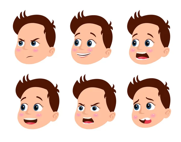Set Cute Cartoon Boy Face Different Emotions Vector Illustration — Stock Vector