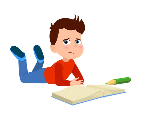 stock vector Sad little boy reading a book. Vector illustration in cartoon style.