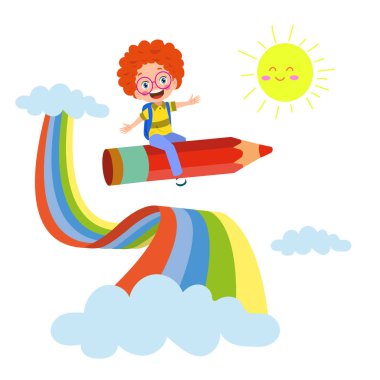 Güneş ve Bulut Vektör Resimleriyle Renkli Kalemle Uçan Sevimli Küçük Kızıl Saçlı Kız