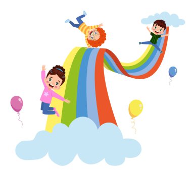 Gökkuşağında mutlu çocuklar. Düz bir şekilde vektör illüstrasyonu.