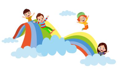 Gökkuşağında oynayan mutlu çocuklar. Vektör karikatür çizimi beyaz arkaplanda izole edildi.