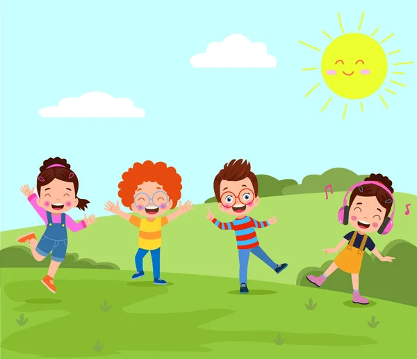 Happy Kids Playing Park Vector Illustration Happy Kids Having Fun — Stock Vector
