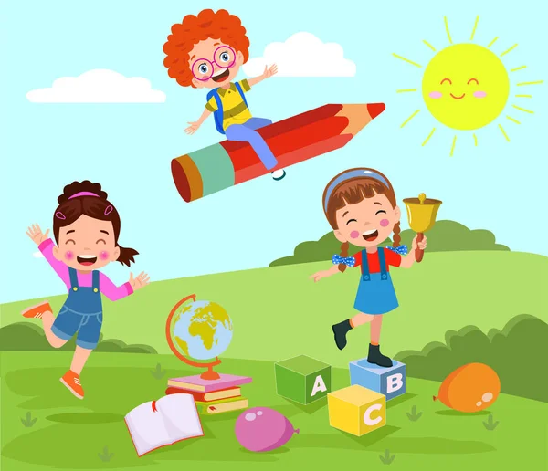Wektor Ilustracji Słodkie Dzieci Bawiące Się Kolorowe Przedmioty Edukacyjne — Wektor stockowy