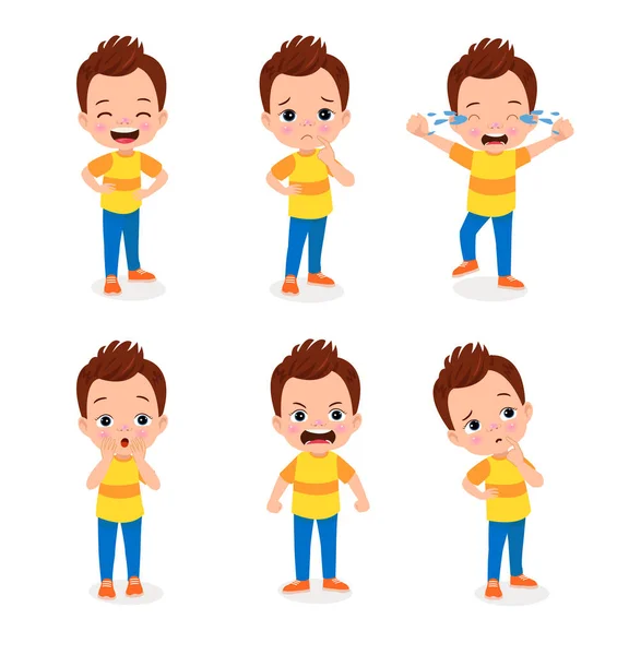 Cute Little Boy Character Different Facial Expressions Set Vector Illustration — Stock Vector