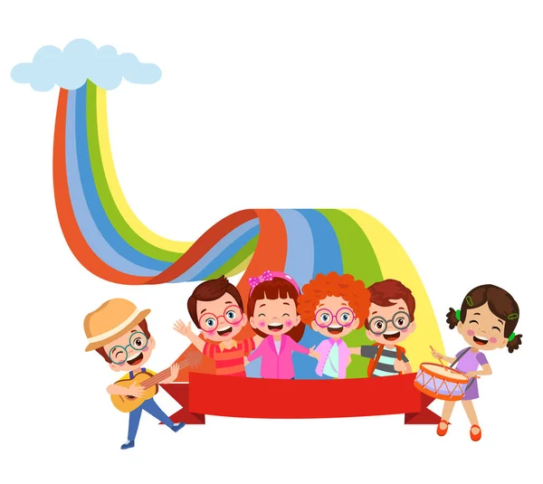 虹の上の幸せな子供たち 白い背景に独立したベクターイラスト — ストックベクタ