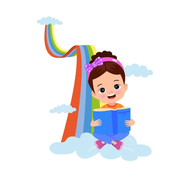 Мила Дівчинка Сидить Хмарі Читає Книжку Векторні Ілюстрації — стоковий вектор