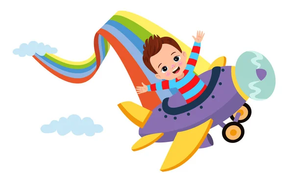 Niedliche Kleine Junge Fliegendes Flugzeug Mit Regenbogenfahne Vektor Illustration Grafik — Stockvektor