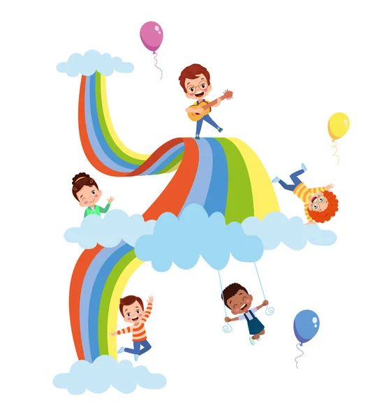 Niños Felices Jugando Arco Iris Ilustración Dibujos Animados Vectoriales Aislados — Vector de stock