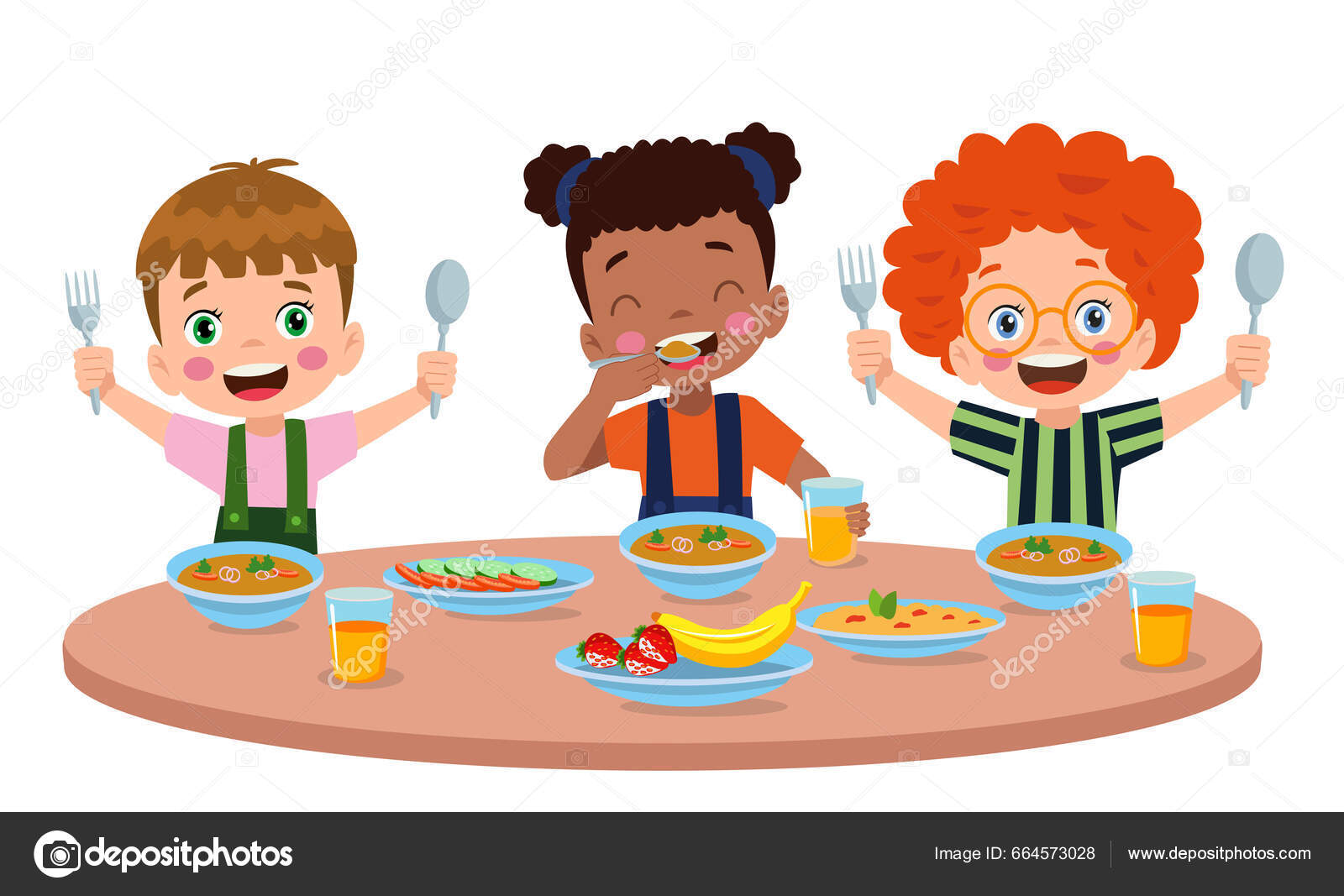 男孩和女孩在餐桌旁吃图库矢量图©Veyselcelikdemir 664573028, image size:1600x1067