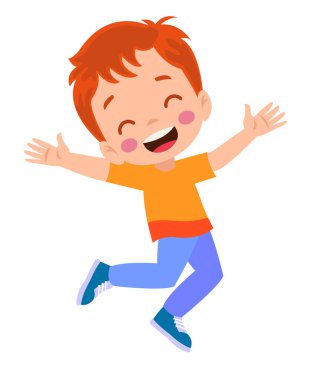 Zıplayan çocuklar. Mutlu komik çocuklar oynarken ve farklı eylem atlama eğitim küçük takım vektör karakterleri pozlar. Çocuk ve çocuk eğlenceli ve gülümseme İllüstrasyon