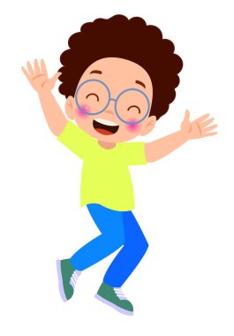 Zıplayan çocuklar. Mutlu komik çocuklar oynarken ve farklı eylem atlama eğitim küçük takım vektör karakterleri pozlar. Çocuk ve çocuk eğlenceli ve gülümseme İllüstrasyon