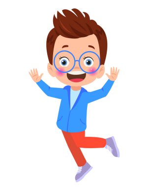 Zıplayan çocuklar. Mutlu komik çocuklar oynarken ve farklı eylem atlama eğitim küçük takım vektör karakterleri pozlar. Çocuk ve çocuk eğlenceli ve gülümseme İllüstrasyon