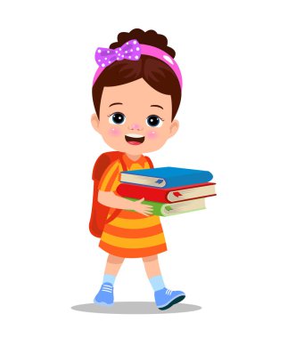 Bir yığın kitap tutan çizgi film çocuk