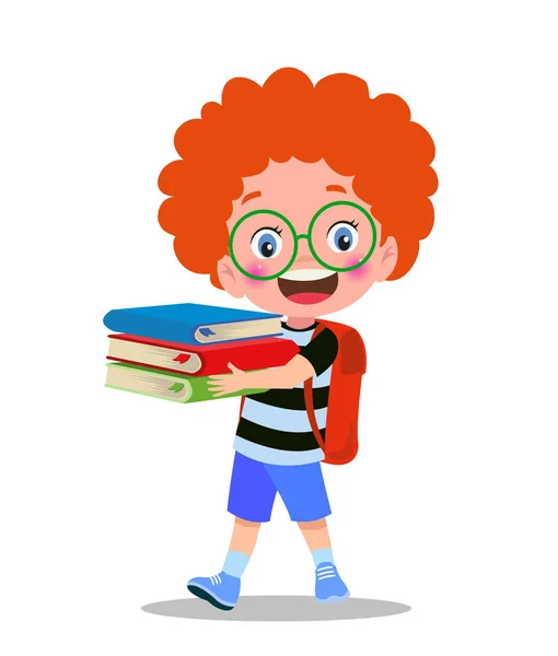 Γελοιογραφία Αγόρι Που Κατέχουν Ένα Σωρό Βιβλία — Διανυσματικό Αρχείο