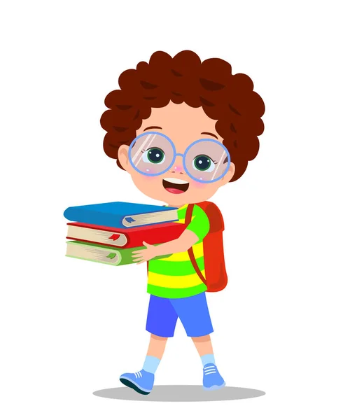 Γελοιογραφία Αγόρι Που Κατέχουν Ένα Σωρό Βιβλία — Διανυσματικό Αρχείο