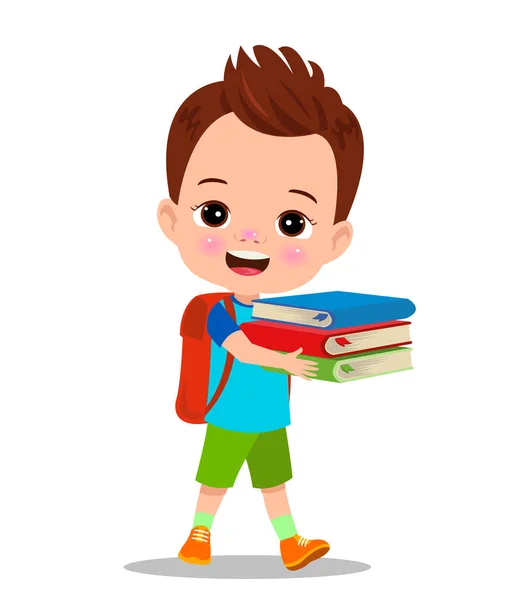 Cartoon Boy Holding Pile Books — Stock Vector