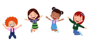 Zıplayan çocuklar. Mutlu komik çocuklar oynarken ve farklı eylem atlama eğitim küçük takım vektör karakterleri pozlar. Çocuk ve çocuk eğlenceli ve gülümseme İllüstrasyon
