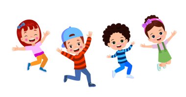 Zıplayan çocuklar. Mutlu komik çocuklar oynarken ve farklı eylem atlama eğitim küçük takım vektör karakterleri pozlar. Çocuk ve çocuk eğlenceli ve gülümseme İllüstrasyon
