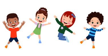 Zıplayan çocuklar. Mutlu komik çocuklar oynarken ve farklı eylem atlama eğitim küçük takım vektör karakterleri pozlar. Çocuk ve çocuk eğlenceli ve gülümseme İllüstrasyon