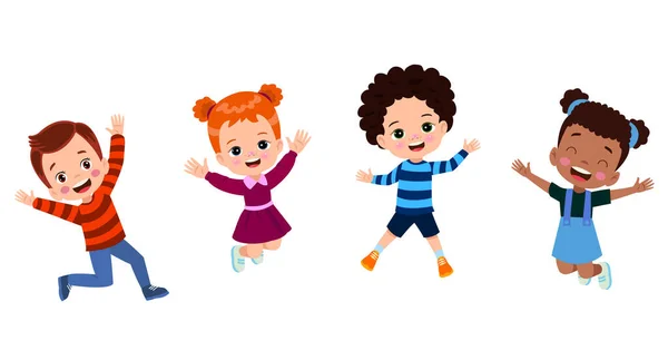 Jumping Kids Happy Funny Children Playing Jumping Different Action Poses — Stock Vector
