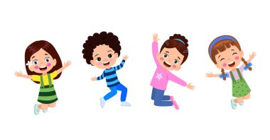 Zıplayan çocuklar. Mutlu komik çocuklar oynarken ve farklı eylem atlama eğitim küçük takım vektör karakterleri pozlar. Çocuk ve çocuk eğlenceli ve gülümseme İllüstrasyon