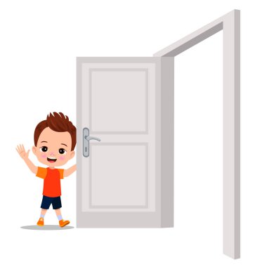 Küçük çocuk ayakta ve kapı tokmağını tutuyor.