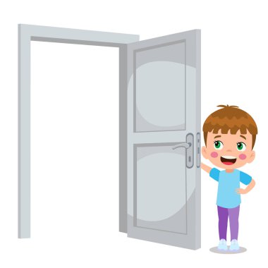 Küçük çocuk ayakta ve kapı tokmağını tutuyor.