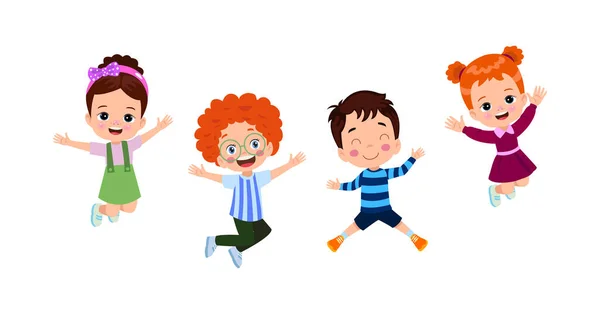 ジャンプ子供たち 別のアクションで遊んでジャンプする幸せな面白い子供たちは 教育小さなチームベクトル文字をポーズ 子供と子供の楽しさと笑顔のイラスト — ストックベクタ