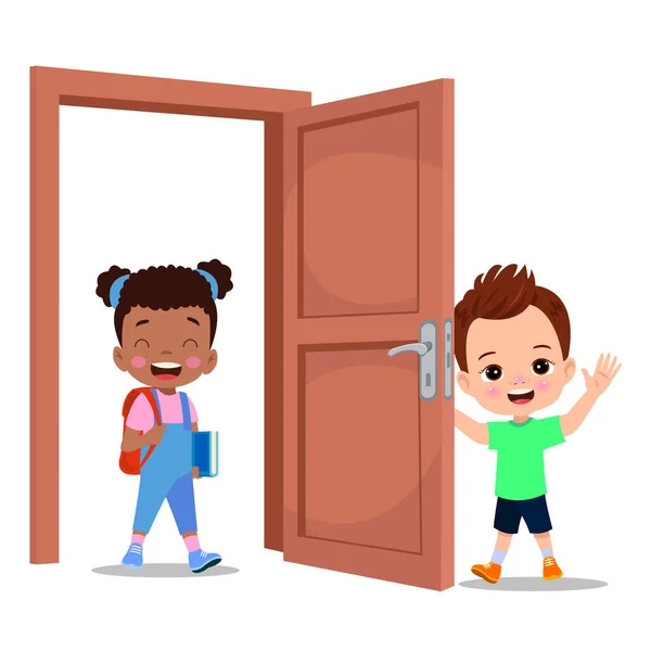 Μικρό Παιδί Στέκεται Και Κρατώντας Πόμολο Πόρτα — Διανυσματικό Αρχείο