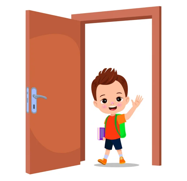 Μικρό Παιδί Στέκεται Και Κρατώντας Πόμολο Πόρτα — Διανυσματικό Αρχείο