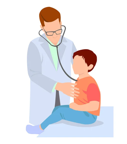 健康の専門家 白血球の医者は聴診器で子供を検査し 彼の心拍小児科医が患者の子供の男の子を検査するのを聞く 子供たちは健康診断のために医者を訪れる — ストックベクタ