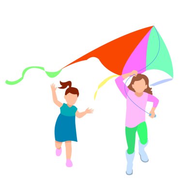 Uçurtma oynayan çocuklar. Çayırda uçurtma uçuran çocukların vektör çizimi