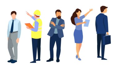 Çok uluslu iş ekibi. Çeşitli ırklardan, yaşlardan ve ofis kıyafetlerinde vücut tiplerinden çeşitli erkek ve kadınların vektör çizimi. Beyazda izole edilmiş.