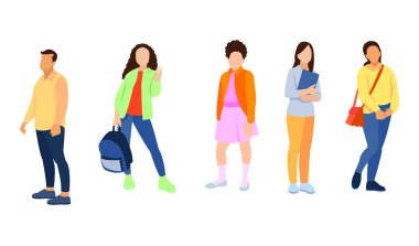 Çok uluslu iş ekibi. Çeşitli ırklardan, yaşlardan ve ofis kıyafetlerinde vücut tiplerinden çeşitli erkek ve kadınların vektör çizimi. Beyazda izole edilmiş.