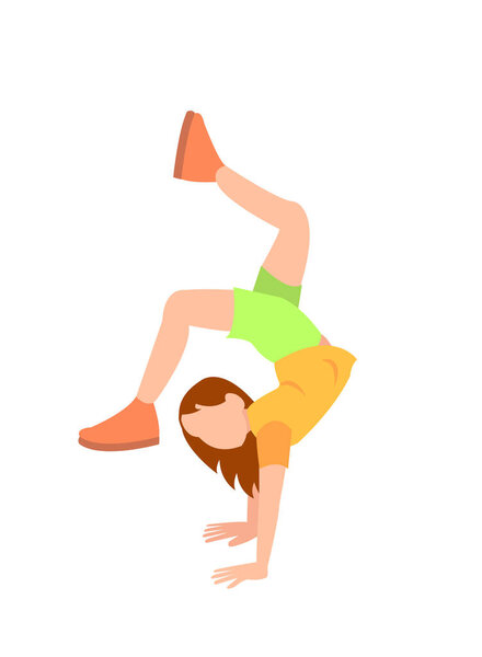 Happy girl gymnast exercising. Little child doing gymnastics. Cute kid at gym balancing posture. Junior acrobat training. Sports activity. Flat vector illustration