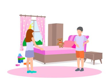 Yatak odası ve çocuklar vektör illüstrasyonu