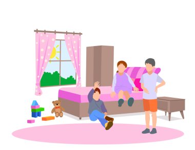 Yatak odasında oynayan sevimli çocuklar.